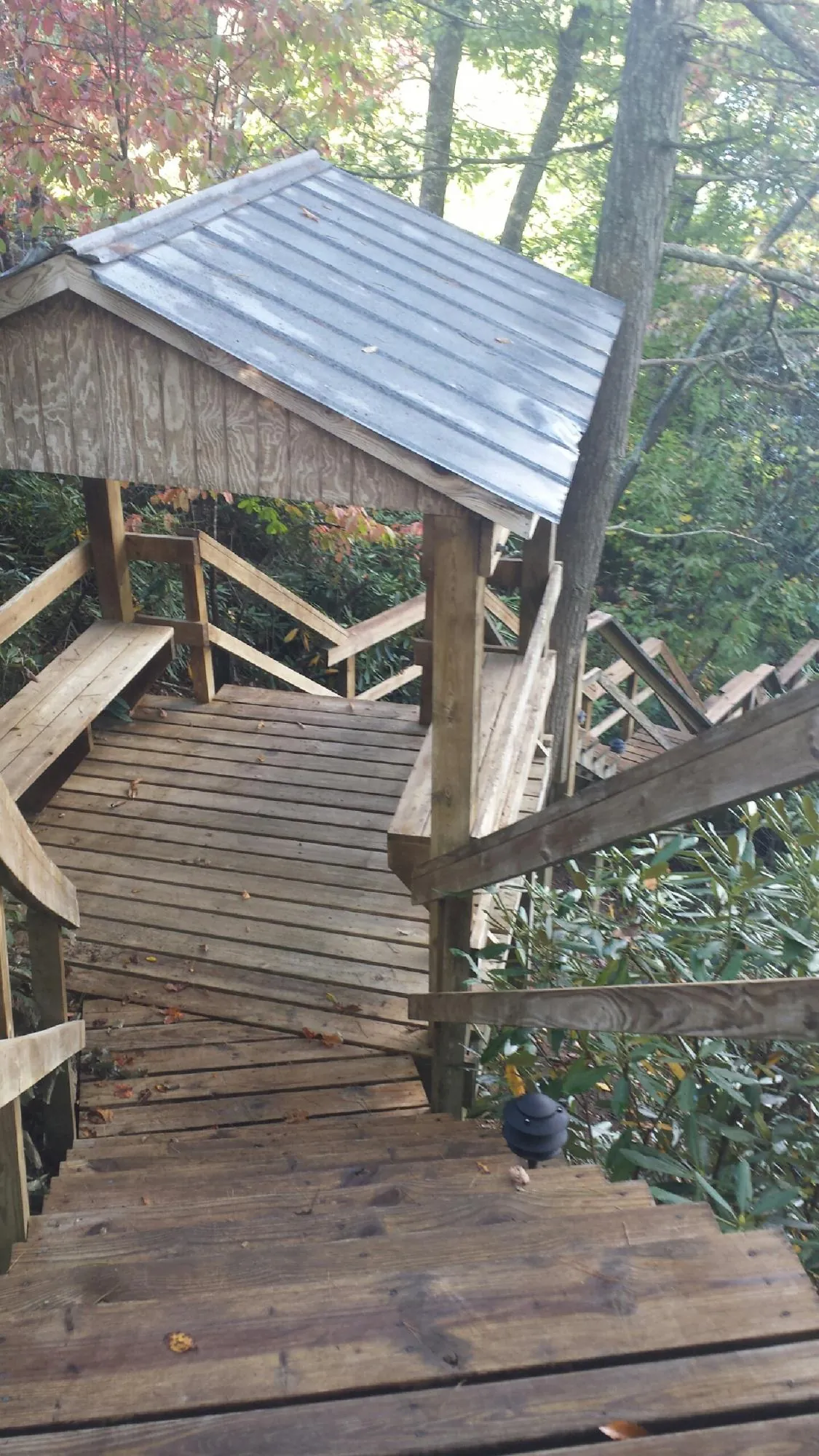 Metal roofed shelter over wooden steps on a wooded walkway — Skylight Repair & Installation work by our crew in Arch Cape